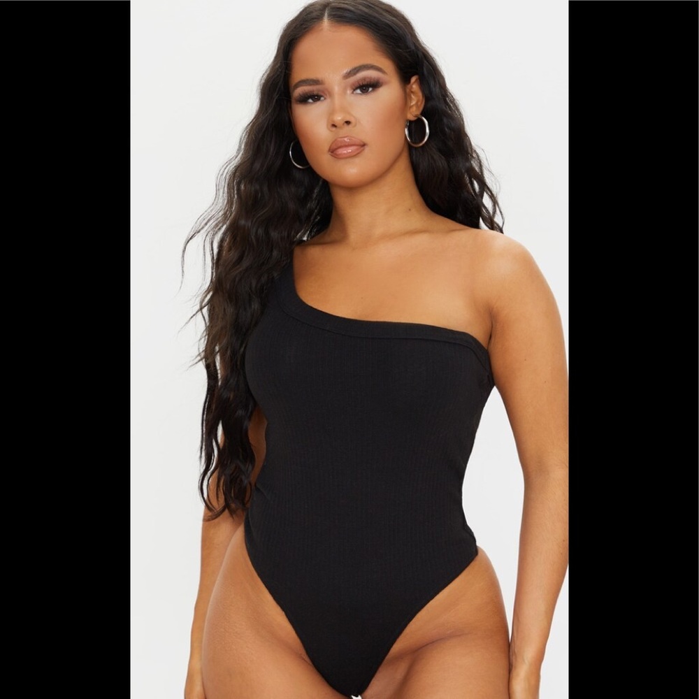PLT Black Structured Rib One Shoulder Bodysuit